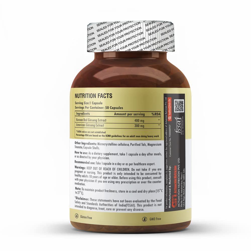 Klr.Fit's Korean Red and American Ginseng | Boosts Energy, Supports Immune System, and Reduce Stress | For Men & Women | With 20% Ginsenosides content | 50 Capsules