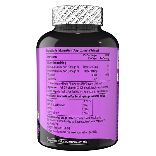 Naturyz Vanilla Flavoured Triple Strength 2500mg Omega 3 Fish Oil with Vitamin D3|Highest Strength 2000 mg Omega 3 Per Serving (EPA 1200mg DHA 800mg) Deep Sea Fish Oil for Unisex-60 Capsules,100 grams