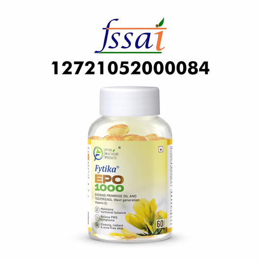Fytika Epo 1000 Evening Primrose Oil and Tocotrienol Capsules | For Healthy and Acne free Skin | Supports Hormonal Balance in Women | Helpful in PMS & Menopause | Natural Oil Extract 60 Softgels Capsules