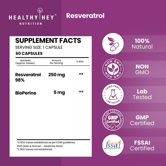 HealthyHey Nutrition Resveratrol Extract 98% Plus BioPerine for Absorption - 255mg - 60 Vegetable Capsules (Pack of 1)