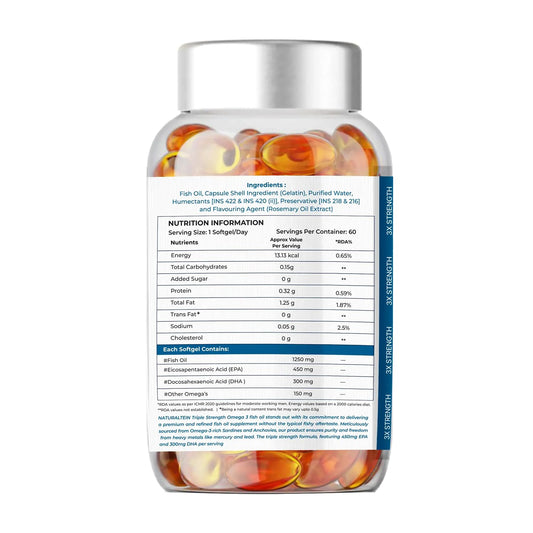 NATURALTEIN Omega-3 Fish Oil 1250mg Triple Strength Softgels | 450mg EPA & 300mg DHA in Triglyceride Form for Better Absorption | Heart, Brain, Eye & Joint Support | Glyphosate-Free | 60 Capsules
