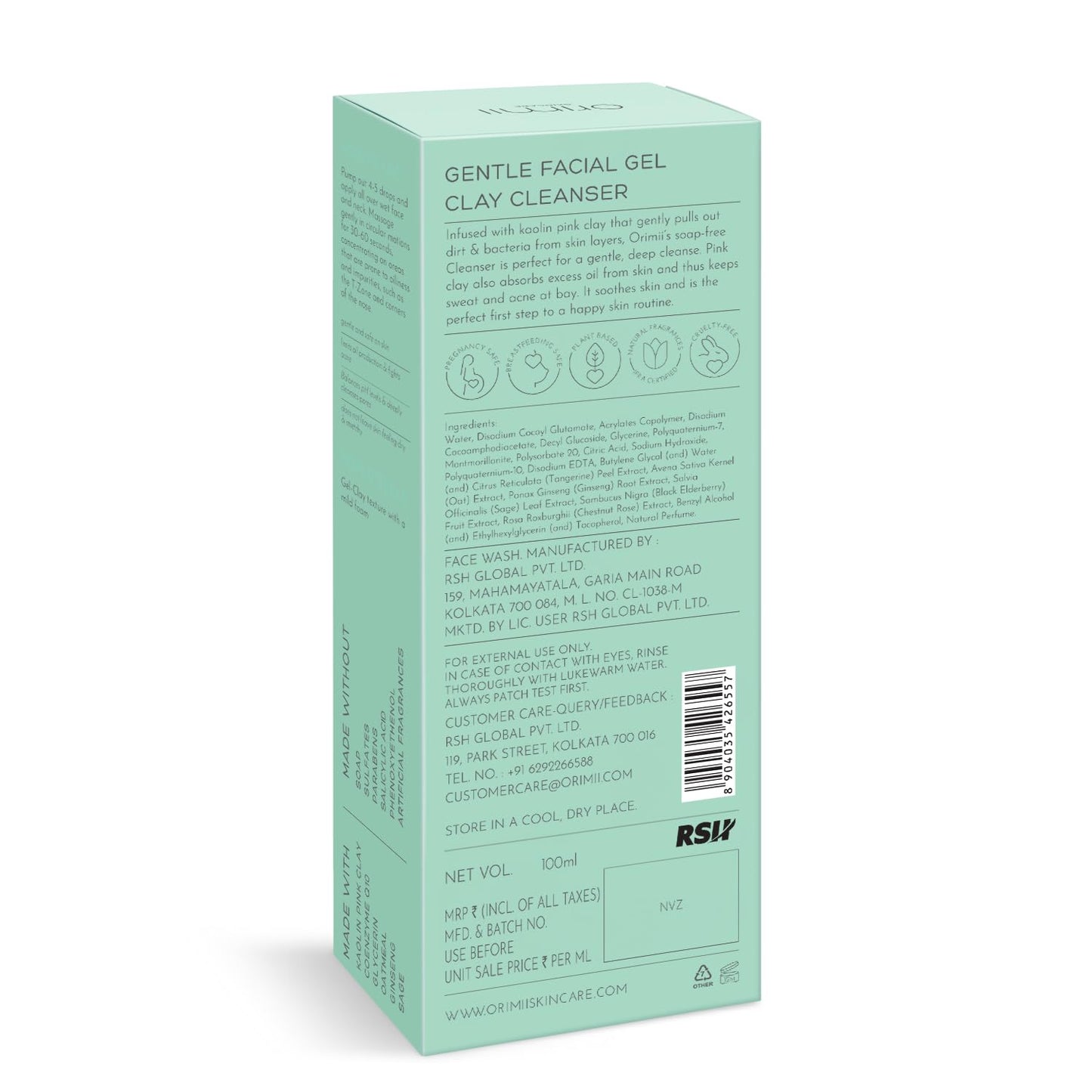 Orimii Gentle Facial Cleanser For Oily Skin | Deep Cleansing Face Wash With Pink Kaolin Clay that Controls Sweat & Acne| Soap Free, Non Comedogenic & Sulphate Free 100ml