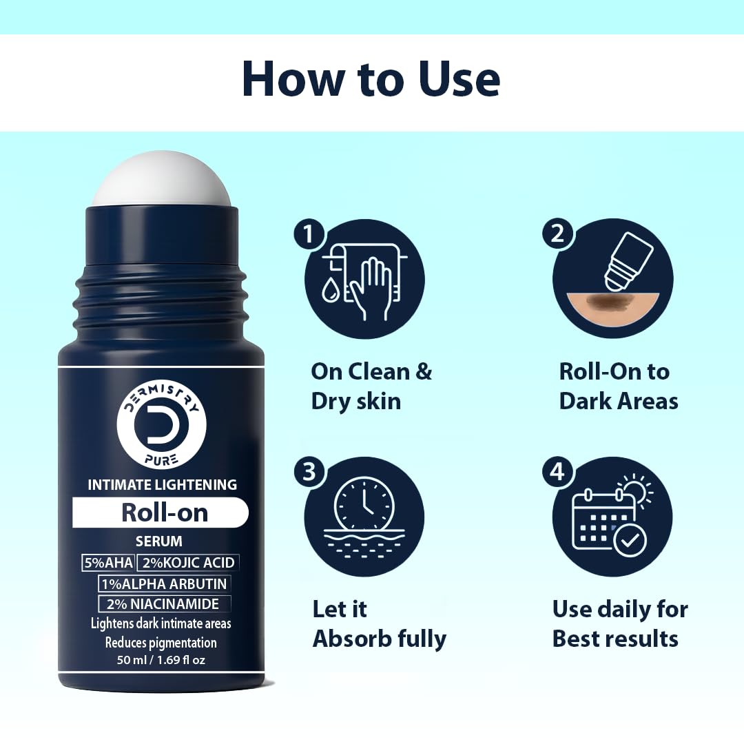 Dermistry Intimate Lightening Brightening Roll On Serum for Private Parts Bikini Area Inner Thighs Men Women Targets Dark Spots Pigmentation Reduces Itching Dryness Bad Odor 50ml