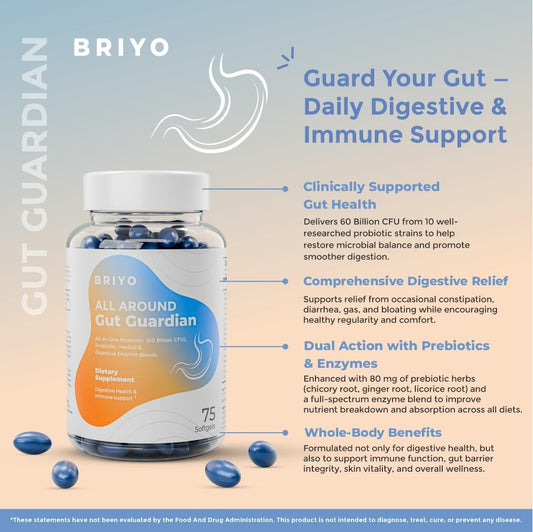 Briyo Gut Health Support – 60 Billion CFU Probiotics with Prebiotics, Digestive Enzymes & Herbs | Gut Guardian Formula to Boost Good Gut Bacteria, Support Digestion & Immunity, and Relieve Bloating & Gas