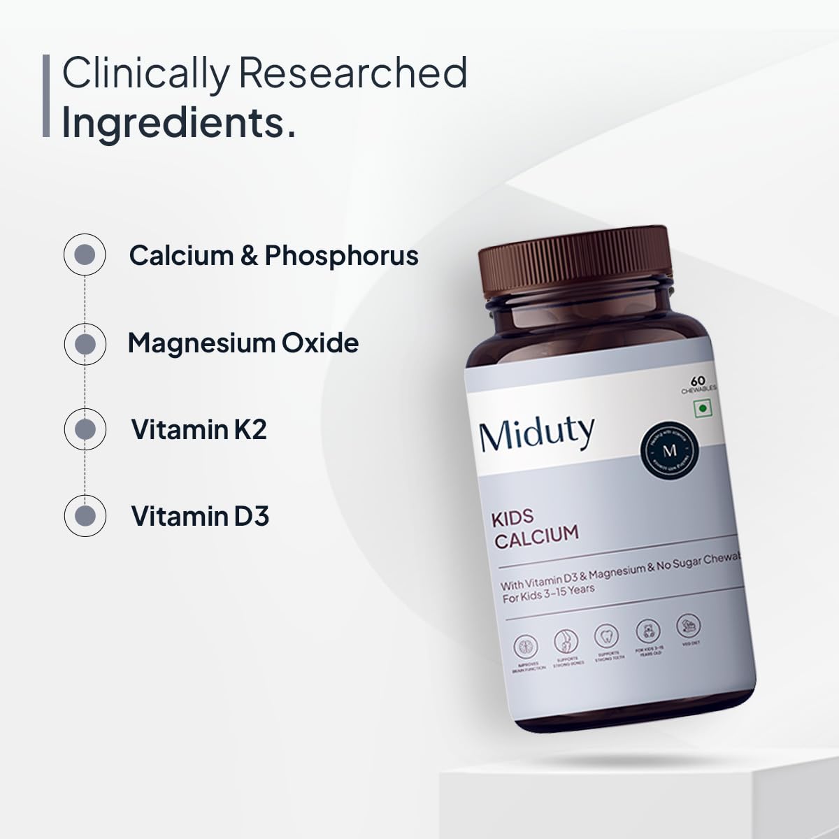 Miduty by Palak Notes Kids Calcium with Vitamin D3 - K2 Magnesium No Sugar Added for Strong Bones, Brain Function, Immunity Booster, Strong Teeth Calcium Supplement Kids Multivitamin - 60 Chewables