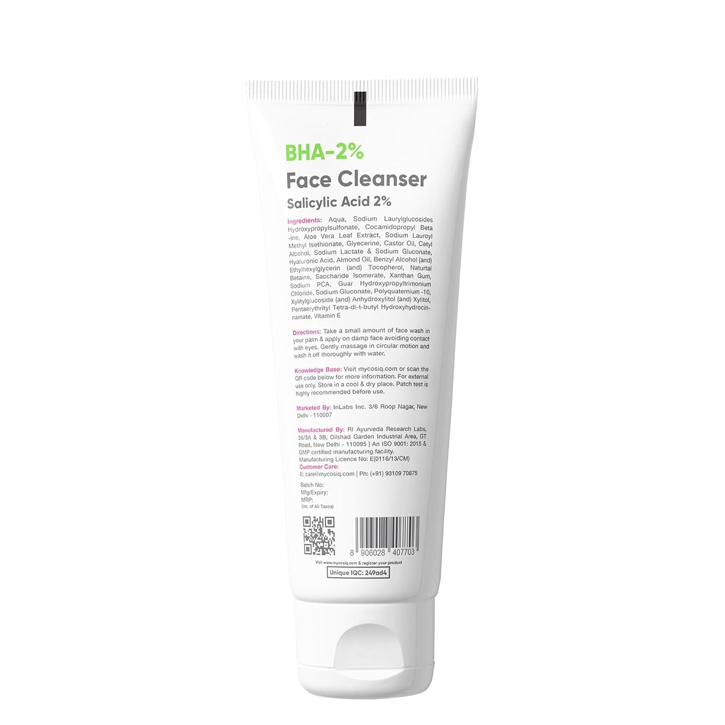 Cos-IQ 2% Salicylic Acid Face Wash for Oily Skin | with Hyaluronic Acid & Vitamin E | Anti-Acne Exfoliating Cleanser For Skin Hydrating | Non-Comedogenic, Fragrance-Free | For Men & Women | 100 ml
