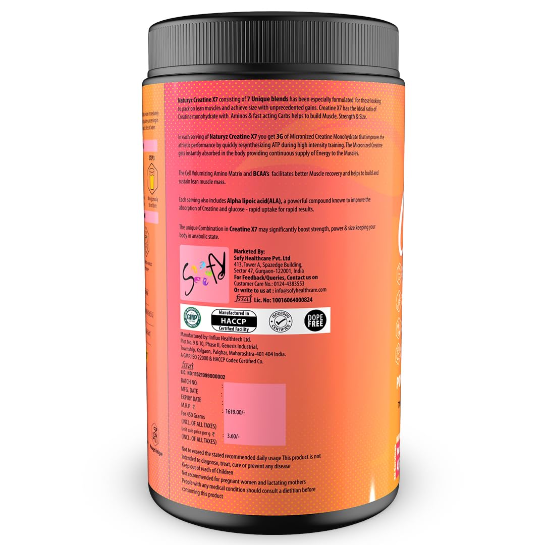 NATURYZ Creatine X7 Pure Micronized Creatine Monohydrate Post Workout drink | Rapid Absorption with Aminos | BCAA | ATP Transport Matrix | Muscle Growth & Strength | Power of 7 Blends | Muscle Builder- 450g(Mango Orange)