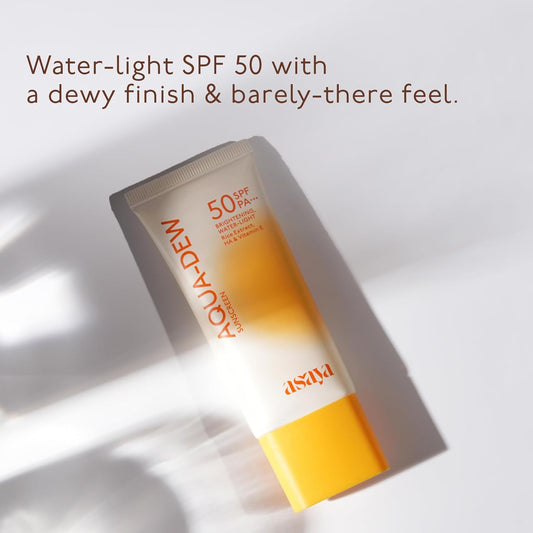 Asaya Aqua Dew Sunscreen SPF 50 PA+++ | Rice Extract | No White Cast | Blue Light Protection | Water & Sweat Resistant | Fragrance-Free | Ultra Light Dewy Sunscreen for Men & Women | 50 ml