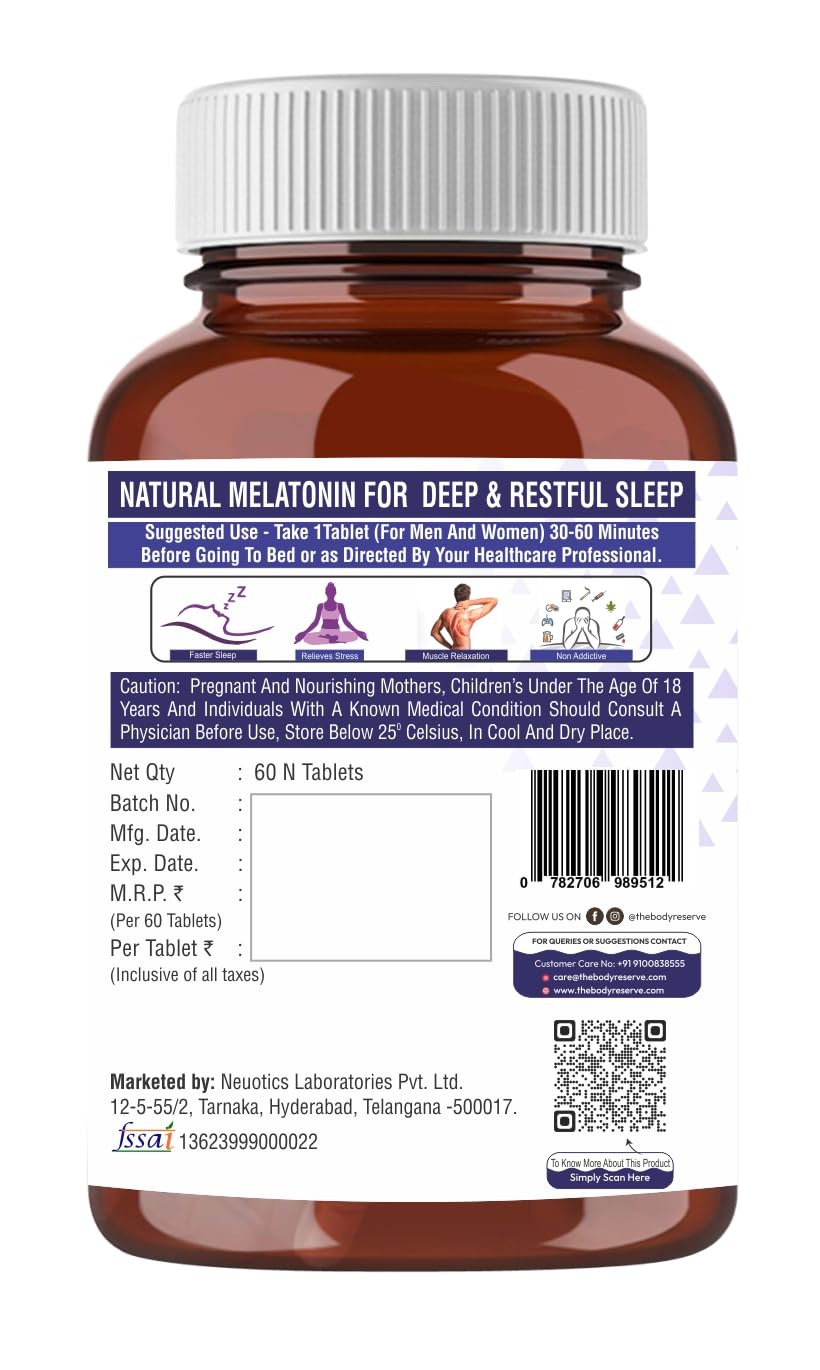 The Body Reserve Melatonin 10mg - 60 Veg Tablets for Sleep Support, Nerve Relaxation, and Stress Relief - Non-Habit Forming for Men & Women