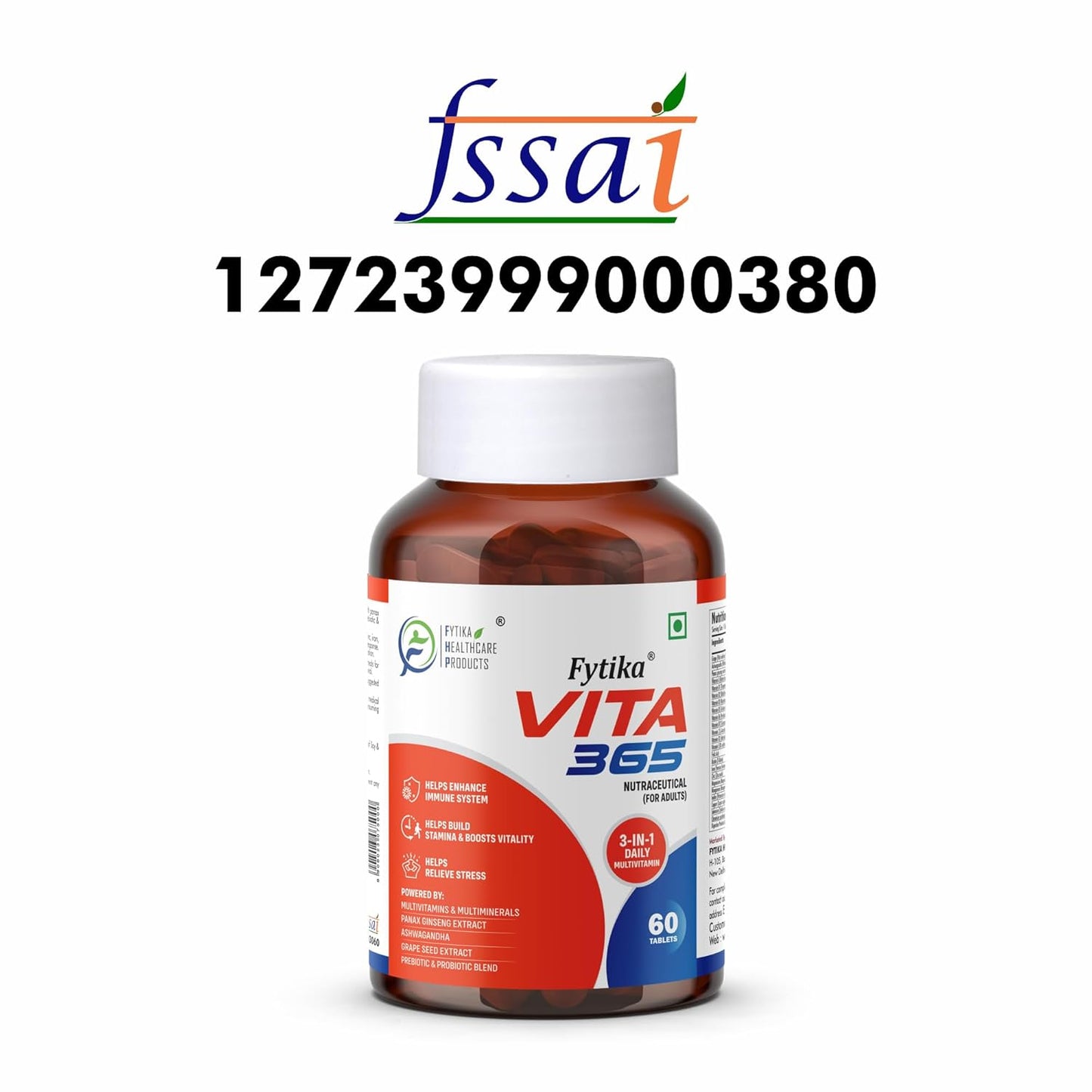 Fytika Vita 365-60 Tablets (Pack of 1) | Multivitamin For Men and Women | With Ashwagandha, Ginseng, Probiotics & Prebiotics and Biotin| Enhances Energy, Immunity and Digestion
