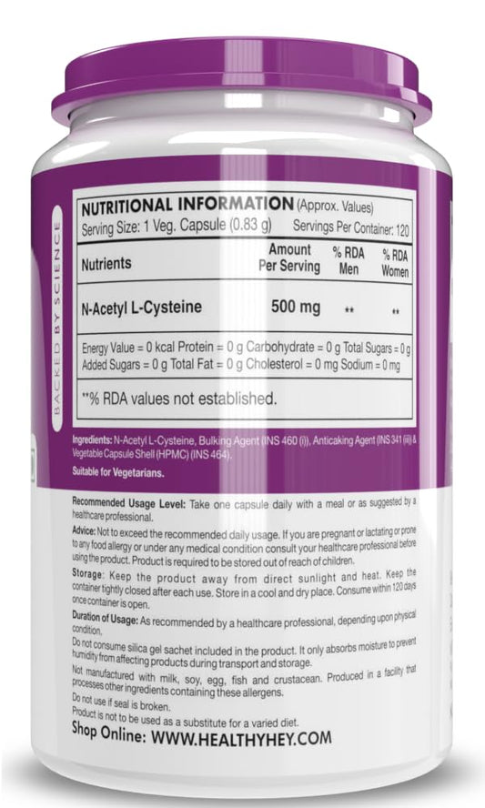 Healthyhey Nutrition N-Acetyl L-Cysteine (NAC) - Non-GMO - Gluten Free -Pack of 120 Veg. Capsules
