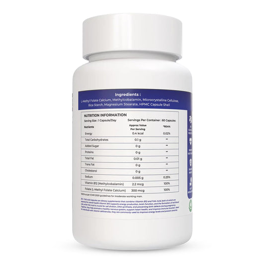 NATURALTEIN Vitamin B12 + Folate Capsules (60 Capsules) | High Strength Methylcobalamin & L-Methyl Folate | Supports Energy, Brain & Heart Health | Lab-Tested | With Rice Starch & Vegetarian HPMC Capsule Shell