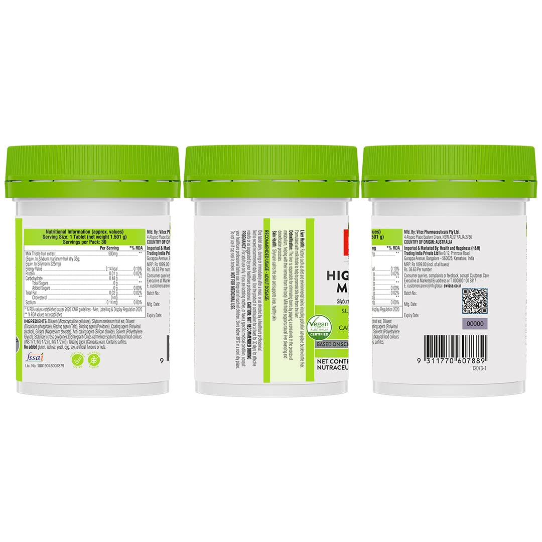 Swisse High Strength Milk Thistle with 500mg (70:1) Milk Thistle Extract for Complete Liver Support, Alcohol Detox & Protection Against Fatty Liver - 30 Tablets (Highest Milk Thistle Content In Single Tab)