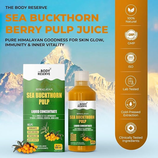 The Body Reserve Himalayan Sea Buckthorn Juice 500ml | Cold Pressed Seabuckthorn Berry Pulp Concentrate | Natural Vitamin C | Omega 3-6-7-9 | Antioxidant-Rich Gut Health Juice for Skin Glow, Heart & Immunity Support