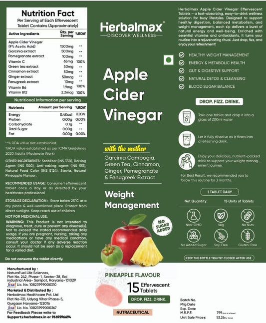 Herbalmax Apple Cider Vinegar Effervescent Tablets – With Mother of Vinegar, Vitamin C, B6 & B12 – Sugar-Free – Supports Weight Management, Detox & Gut Health – Pineapple Flavour – 15 Tablets