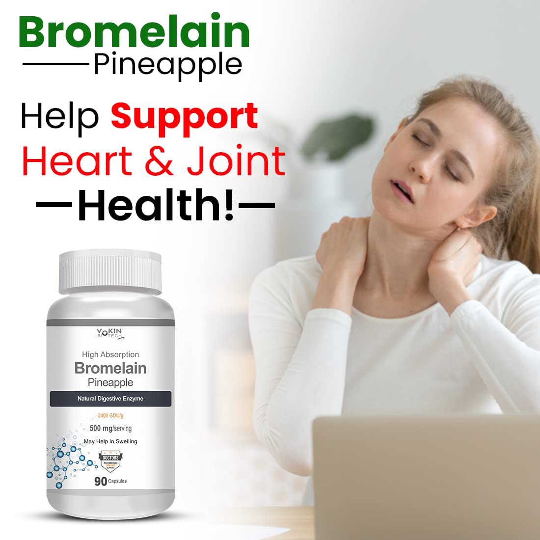 Vokin Biotech Bromelain Pineapple Digestive Enzyme- 2400 GDU/g - 500 mg | 90 Capsules (Pack of 1)