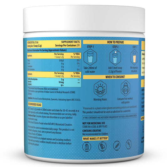 NATURYZ Pure Micronized Creatine Monohydrate | Rapid Absorption | Quercetin | Muscle Strength & Power for Intense Workout | Supports Athletic Performance | Enhances Lean Muscle Volume - 100g(Unflavoured)