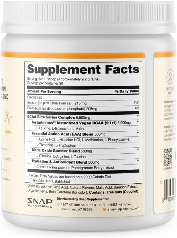 Snap Supplements BCAA Powder - 5g Vegan Branched Chain Amino Acids (2:1:1 Leucine Isoleucine Valine) + Essential Amino Acids with Nitric Oxide Booster, 30 Servings, Peach Mango