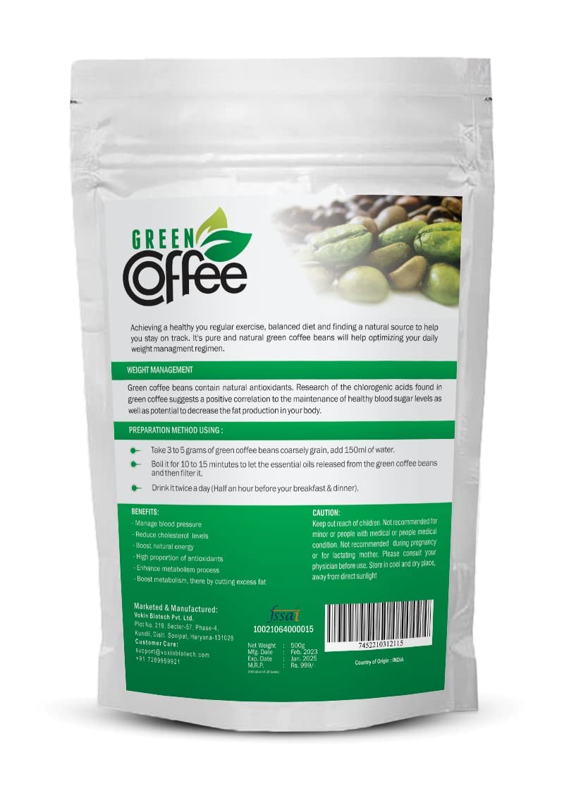 Vokin Biotech Organic Green Coffee Beans Unroasted Arabica Coffee Supports Weight Loss Management (500 Gram)-pack of1