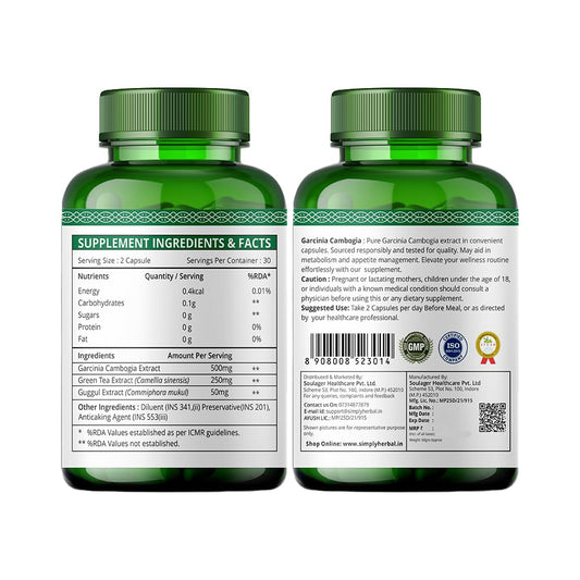Simply Herbal Garcinia Cambogia with Green Tea and Gugul Extract for Weight Management Supplement 800 Mg HCA for Appetite Suppressant & Metabolism Boost For Men Women - 60 Veg capsule