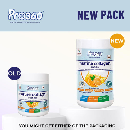 Pro360 Marine Collagen Peptides Powder for Healthy Skin, Hair, Nails, Bone, Joint, Post workout Recovery - Hydrolyzed Type 1 Fish Collagen for Men and Women - Orange flavor 200g (Pack of 1)