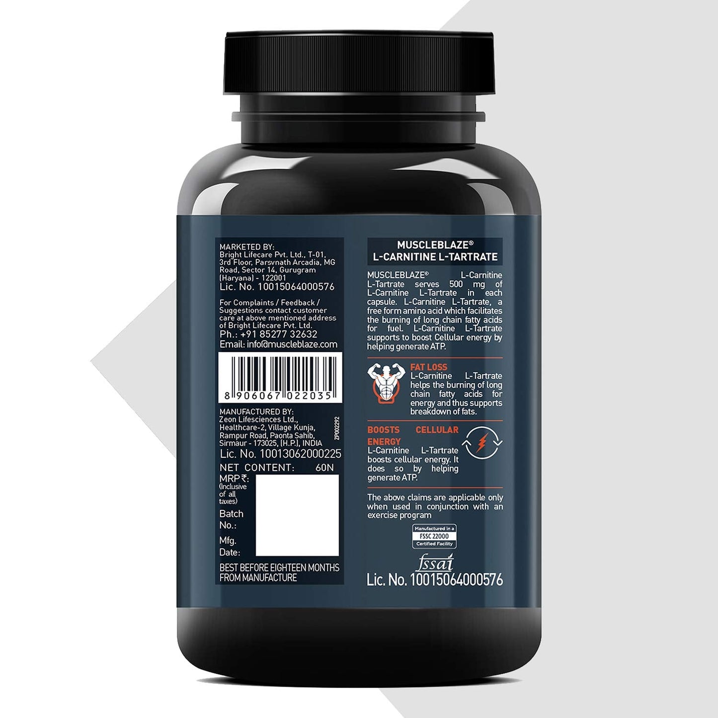 MuscleBlaze L-Carnitine L-Tartrate for Adults, Helps Convert Fat into Energy (Unflavoured, Capsules 60 Count )