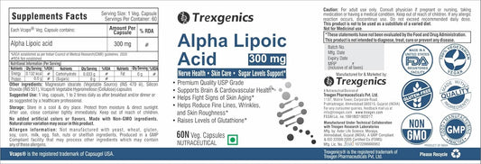 Trexgenics ALPHA LIPOIC ACID 300 mg Glucose metabolism, Liver, Skin, Brain, Nervous System Health Support VEGAN & NON-GMO (60 VCaps) (Pack of 1)