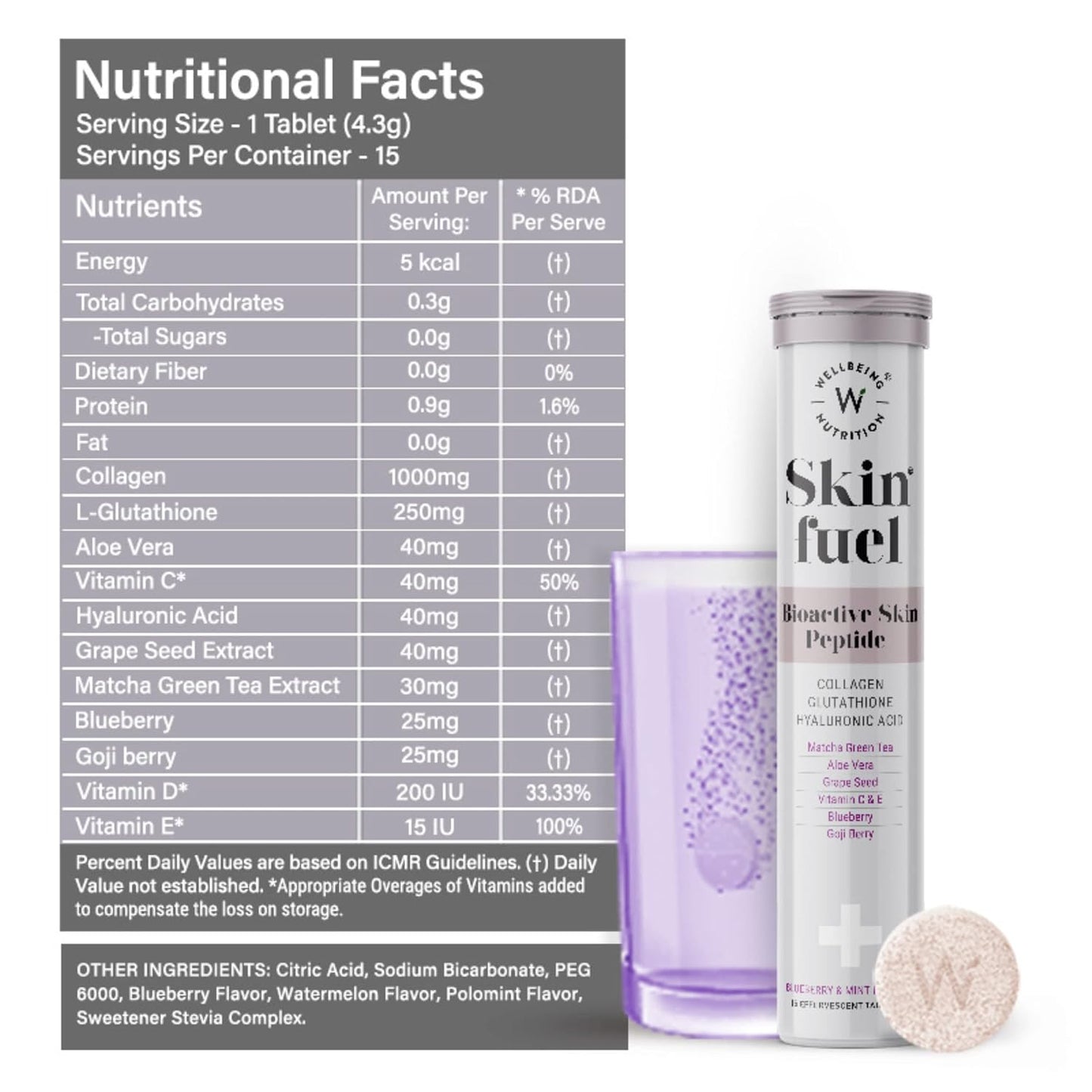 Wellbeing Nutrition Skin Fuel | Glutathione & Collagen Tablets | Skin Glow and Radiance for Men & Women | Hyaluronic Acid, Grape Seed, Vitamin E (15 Effervescent Tablets)