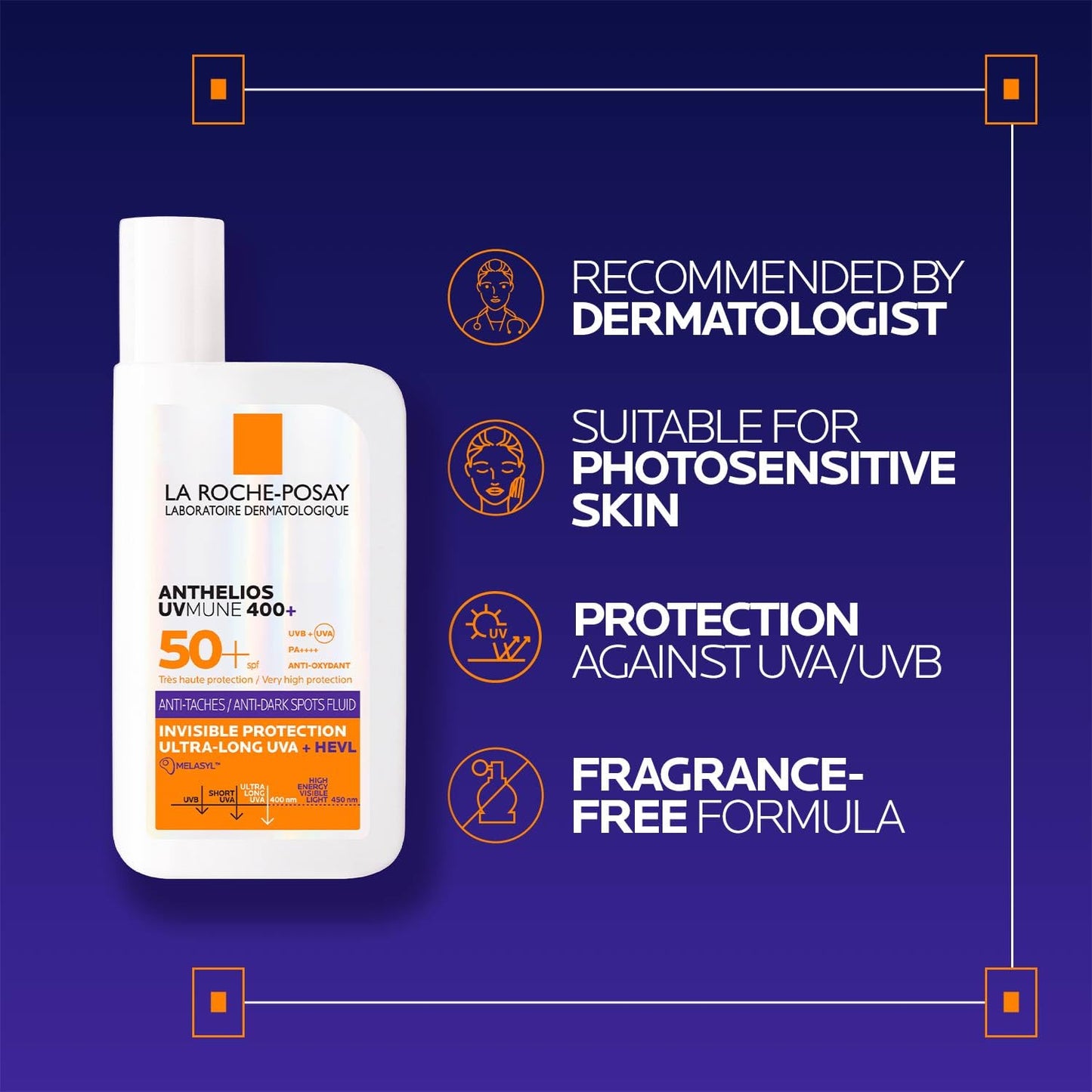 La Roche-Posay Anthelios Sunscreen UVMune Anti-Dark Spot Fluid SPF50 PA++++ Broad Spectrum| Anti-pigmentation Even Tone Sun Protection for Face with Melasyl, 50 ml