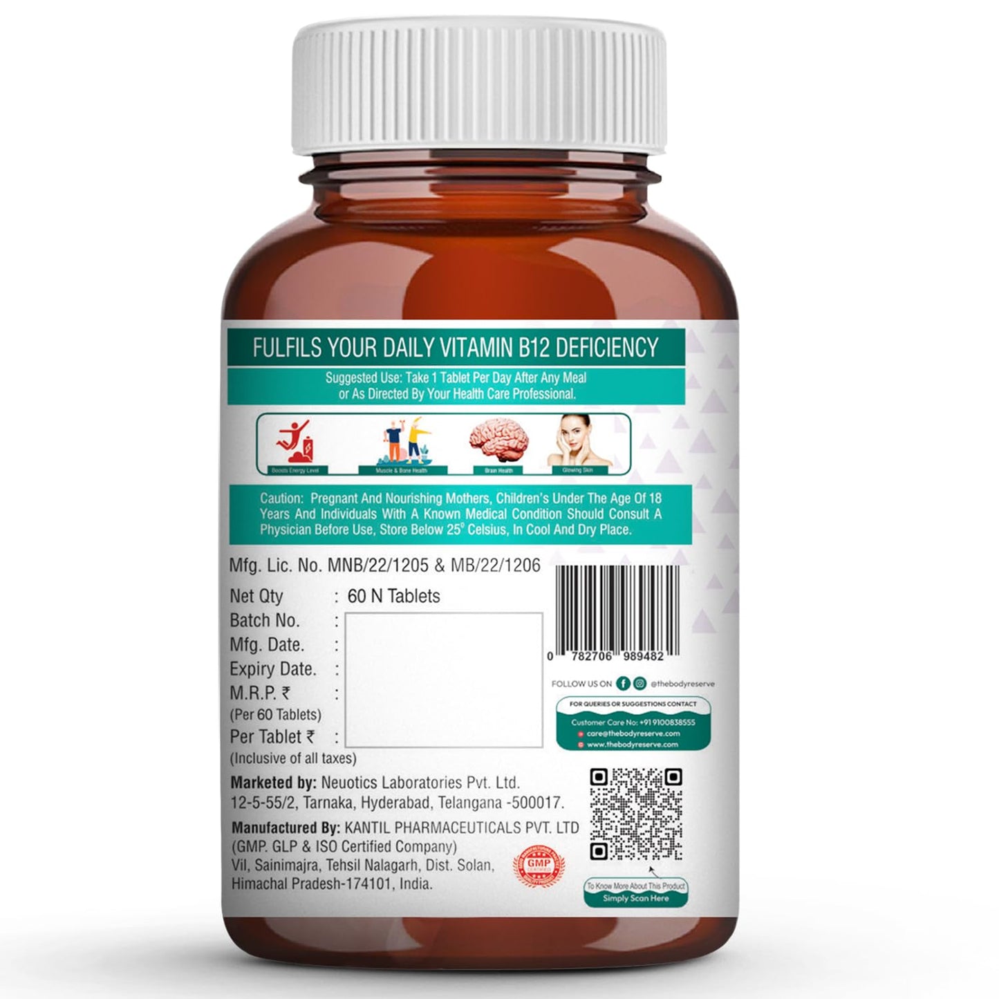 THE BODY RESERVE Vitamin B12 Tablets 1500 mcg as Methylcobalamin | Vitamin B12 Supplement for Energy, Focus & Nerve Health | 60 Veg Tablets (2 Months Supply Pack)