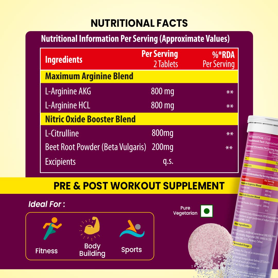 Naturyz L-Arginine Max 2600 Effervescent Tablets|Boosts Stamina|Increases Blood Flow|Improves Performance|Pre-workout Supplement (Orange Flavour), 1 count, 15 capsules