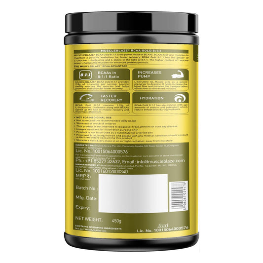 MuscleBlaze BCAA Gold 8:1:1 (450g, 60 Servings) | With Higher Leucine, Electrolytes & Glutamine