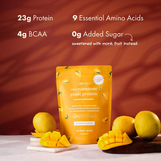 Cosmix No-Nonsense Plant Protein | 23 Protein/Serve, 500g Pouch | Ratnagiri Mango | Plant Based Protein, Pea & Rice Isolate | Clean, Easy to Digest | All Essential Amino Acids