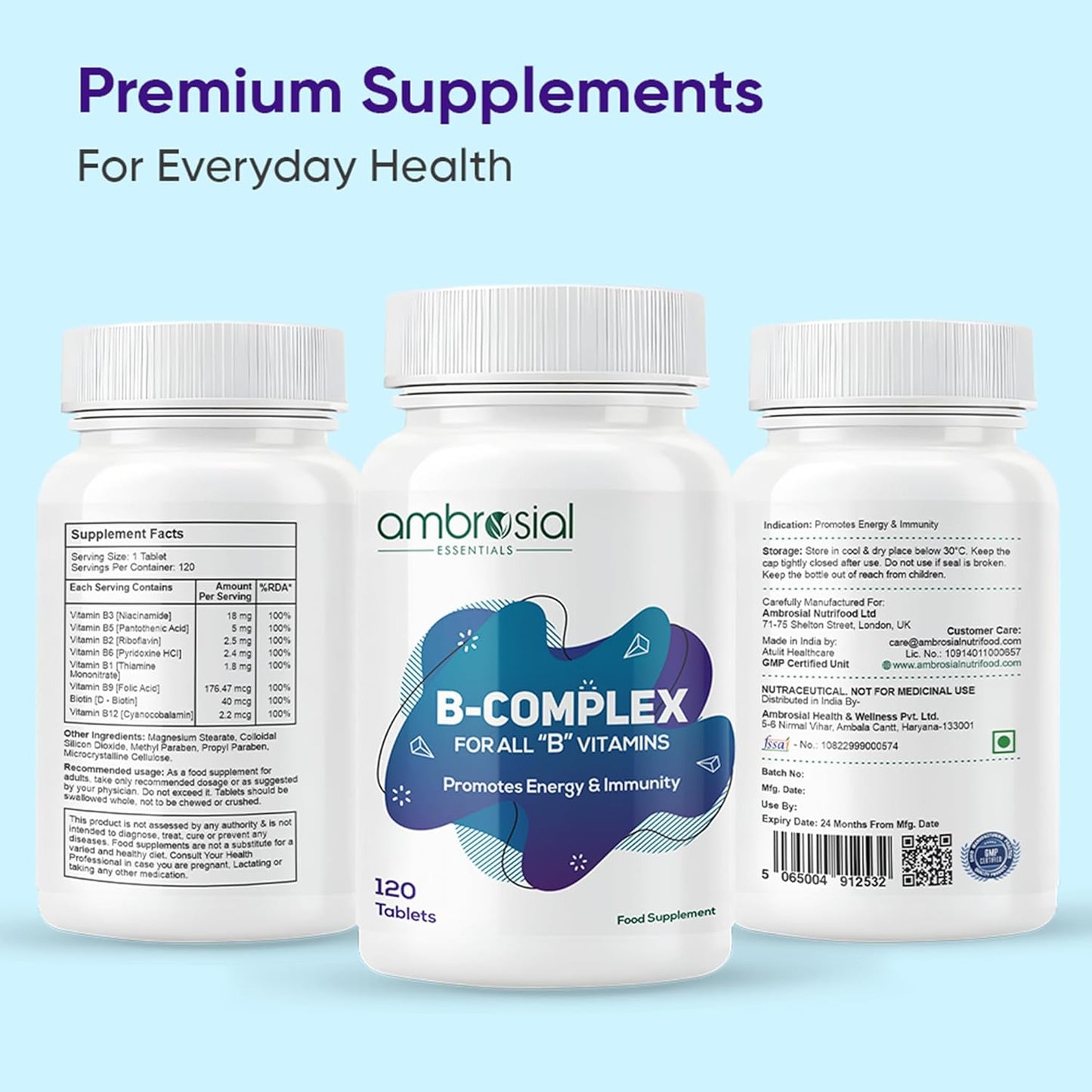 Ambrosial Vitamin B-Complex Tablets with Vitamin B1, B2, B3, B5, B6, B9, B12 & Biotin | Complete B-Vitamin Supplement | Vitamin B Complex Supplement for Women & Men - 120 Vegetarian Tablets