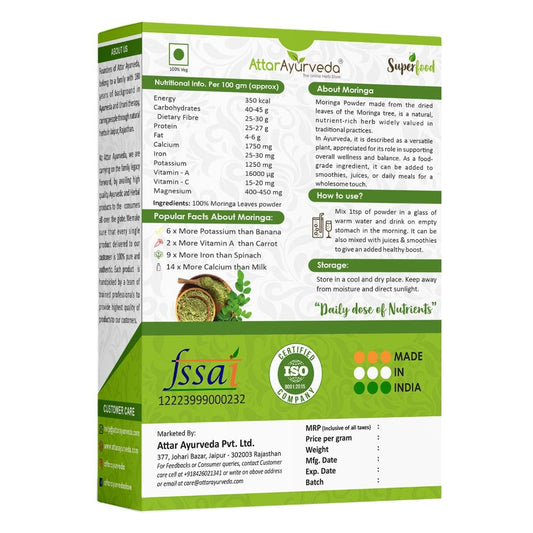 Attar Ayurveda 100% Moringa Leaf Powder (200g) | Drumstick Leaf powder | Herbal Supplement | Good for Immunity, Digestion, skincare and Haircare | 100% Natural and Preservative-free