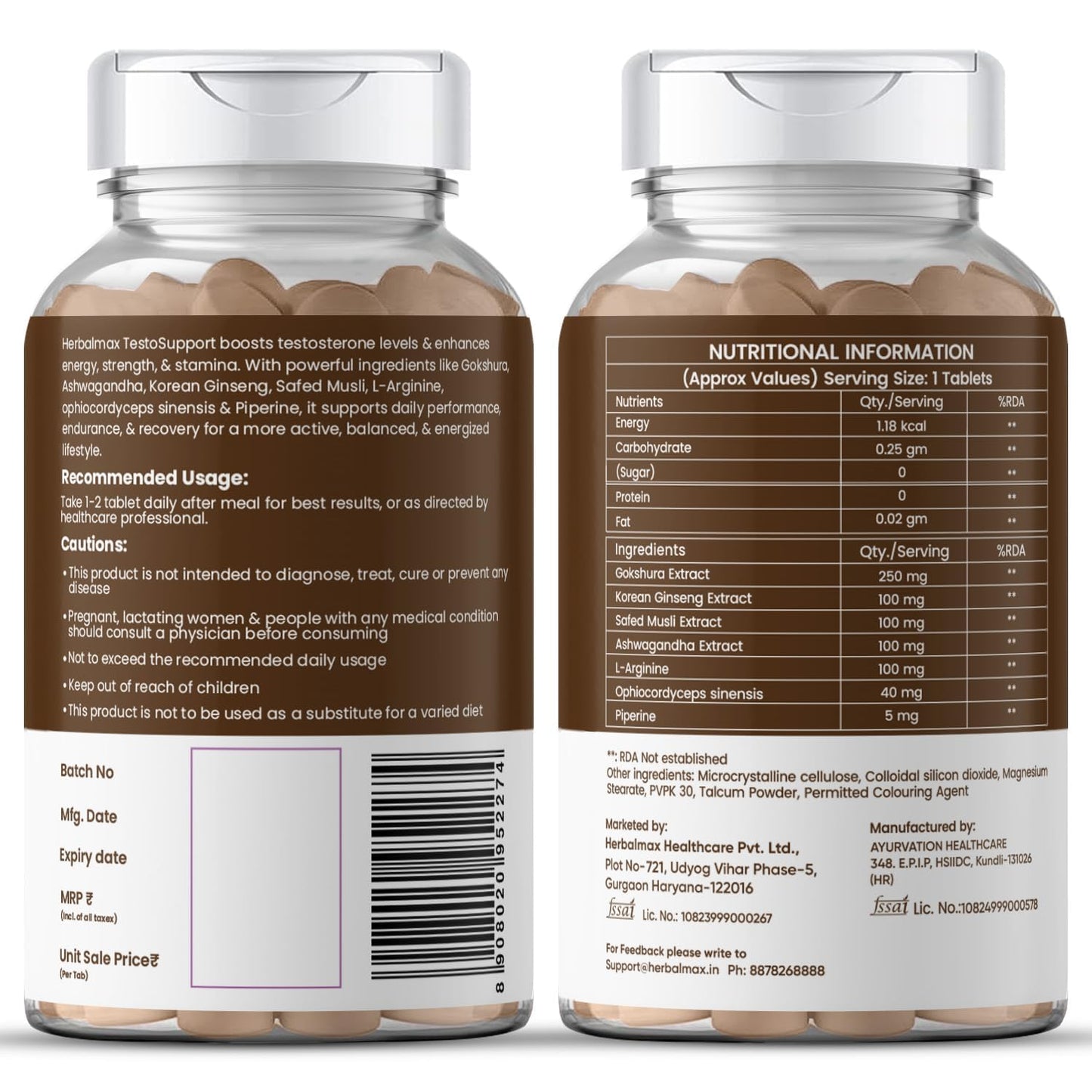 Herbalmax Testo Support Testosterone Supplement | With Gokshura, Safed Musli, L-Arginine & Ashwagandha | Natural Testosterone Booster for Strength, Stamina, Performance & Energy – 60 Tablets