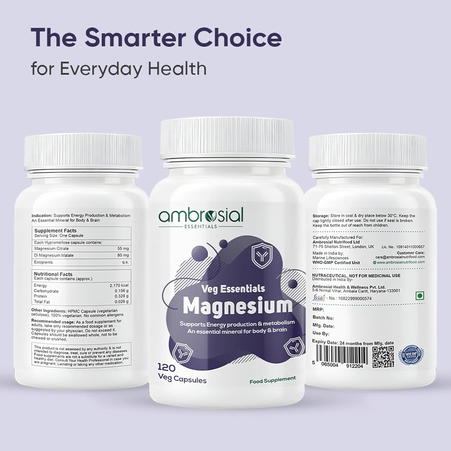 Ambrosial Magnesium Complex Food Supplement | Increases Muscle Functions | Reduces Tiredness | Boosts Energy Levels (Pack of 1-120 Capsules)