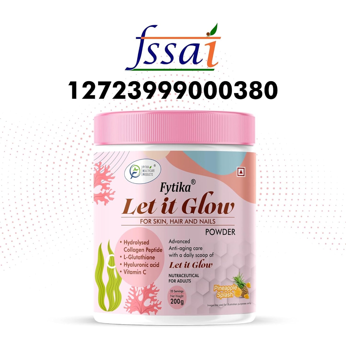 Fytika Let It Glow - 200g (Pineapple, Pack of 1) Marine Collagen Supplement Powder for Men & Women|L- Glutathione, Vitamin C, Sesbania Agati Extract|Promotes Healthy Skin, Hairs and Nails