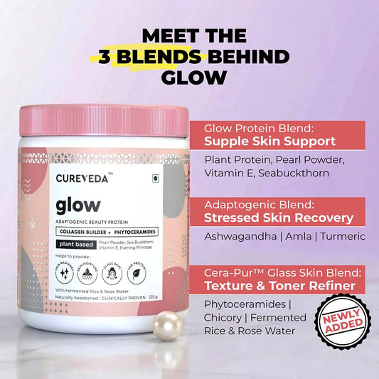 Cureveda Collagen Builder Glow Powder for Brighter & Youthful Skin, Plant-Based Supplement with Rose Water, Veg Beauty Protein, Evening Primrose 100IU, No Added Sugar, 225gm