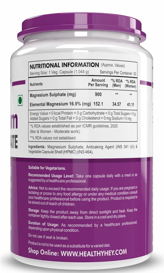 HealthyHey Nutrition Magnesium Sulphate - 900mg/Serving - 30 Capsules