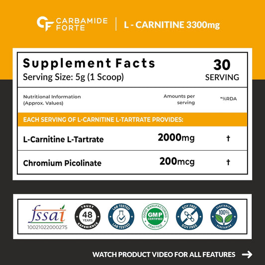 Carbamide Forte L Carnitine Supplement For Men & Women | L-Carnitine Tartrate 2000mg | L'Carnitine Pre & Post Workout Supplement To Help Cobevrt Fat Into Energy | Mango Flavour - 150g