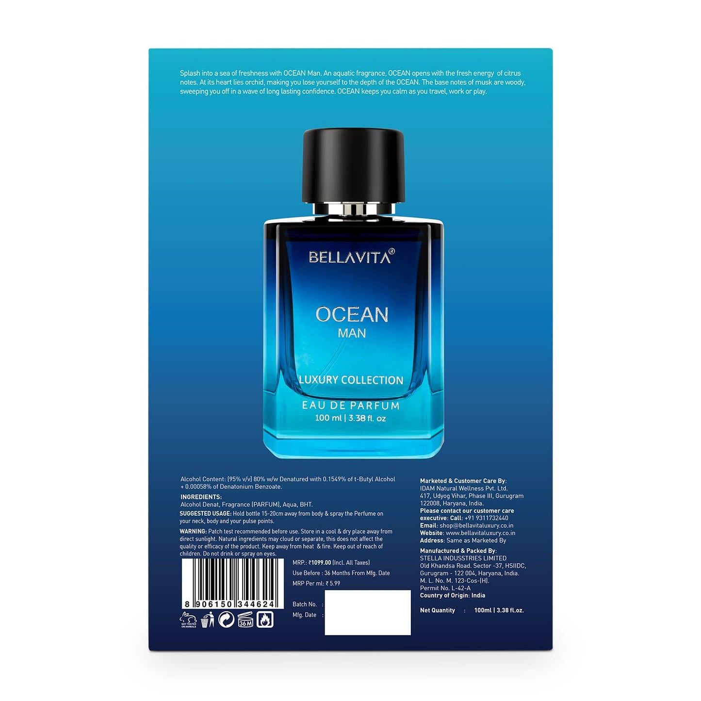 Bella Vita Luxury Men Ocean Aquatic Eau De Parfum With Marine, Orchid & Musk|Long Lasting Fresh Citrusy & Woody Edp Fragrance Scent Liquid Perfume,100 Ml