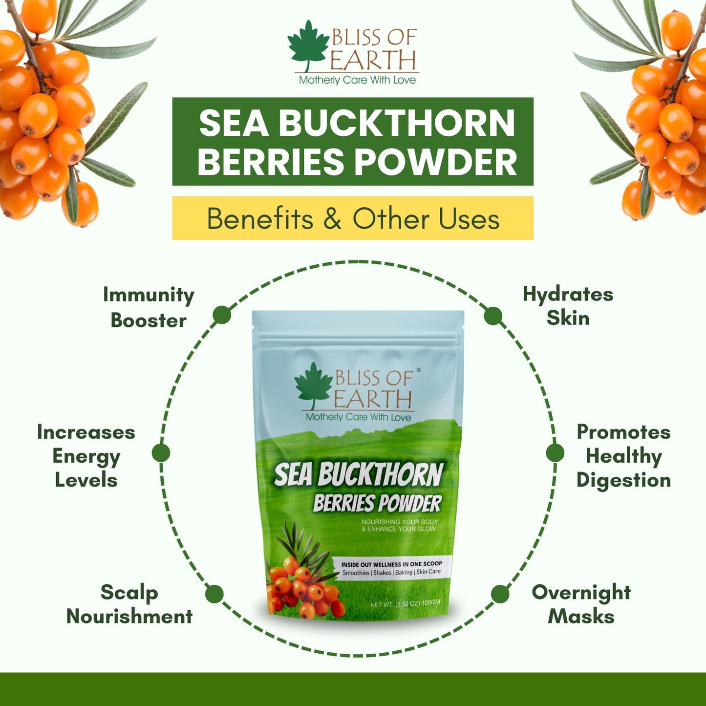 Bliss of Earth Sea Buckthorn Powder ā 100gm Seabuckthorn Berry Powder, Fine Himalayan from Whole Berry, Easy to Mix in Drinks, Smoothies & Meals, No Added Sugar