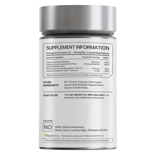Decode Age DAKE 5000 IU | Vitamin D3 K2 Supplement with Vitamins E & A in MCT Oil for Bone, Immune, Heart and Vision Support | Vegan Capsules | 1 Month Supply