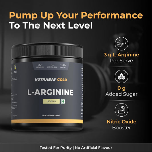 Nutrabay Gold L-Arginine Supplement Powder 120g, Lemon Flavor – Pre Workout Amino Acid for Endurance, Muscle Building & Faster Recovery| Tested for Purity | 100% Authentic
