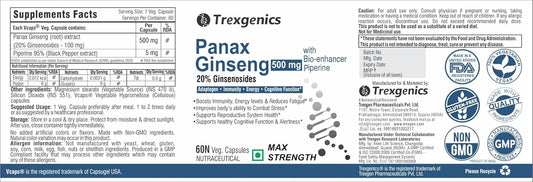 Trexgenics® PANAX (Red/Korean) GINSENG 20% Ginesenosides 500mg Premium with Bio-enhancer Piperine 5mg Adaptogen, Immunity, Energy, Cognitive Function(60 Veg capsules)