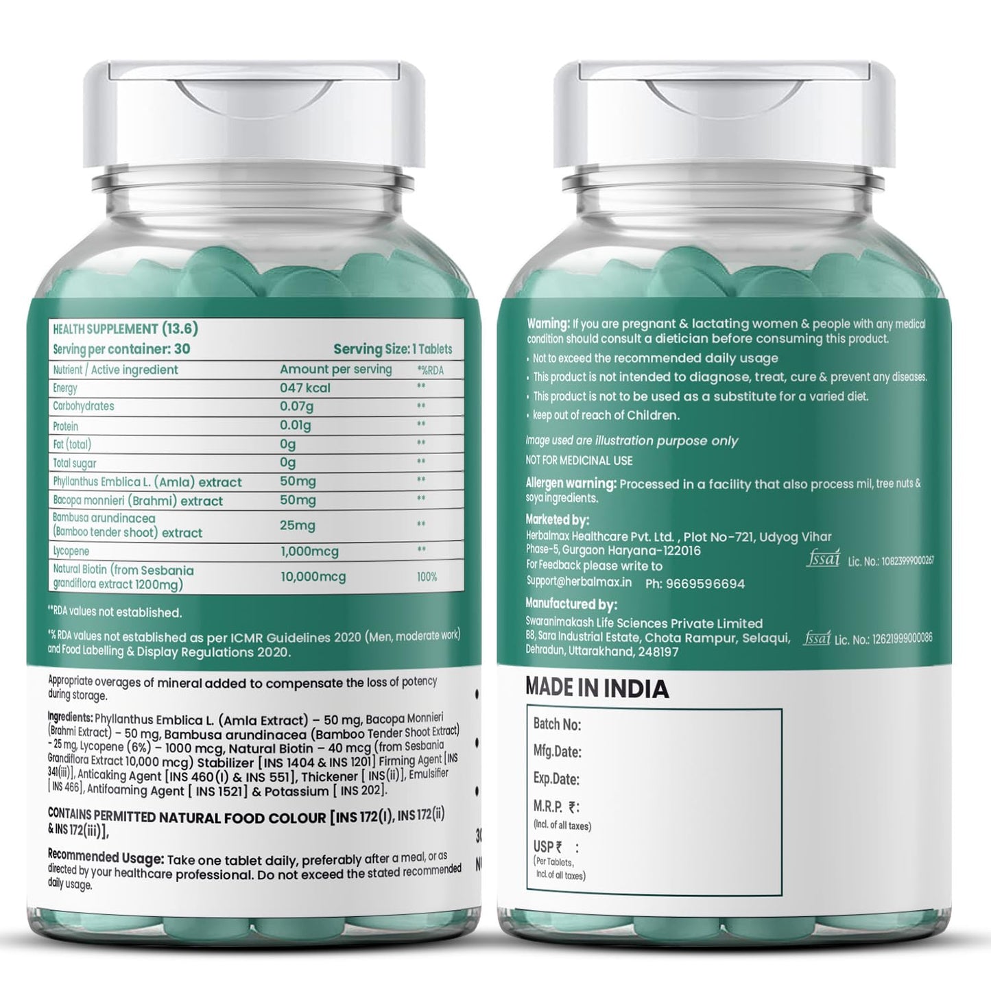 Herbalmax Biotin Tablets for Hair Growth | 10000 mcg Biotin Tablet with Sesbania Grandiflora Extract – Hair Strength & Vitamin B7 Hair Care for Men & Women | 30 Veg Tablets