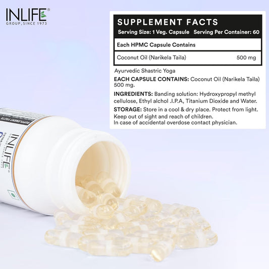INLIFE Coconut Oil Capsules | Extra Virigin Cold Pressed | 500mg per Serving | Supports Keto & Well-being - 60 Vegetarian Capsules (Pack of 1)