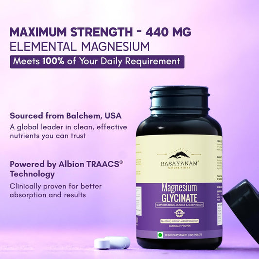 Rasayanam Chelated Magnesium Glycinate (2445 mg) - 60 Tablets | 440 mg Elemental Magnesium | High Absorption Magnesium Supplement | Supports Sleep, Relaxation & Muscle Recovery | Patented TRAACS®