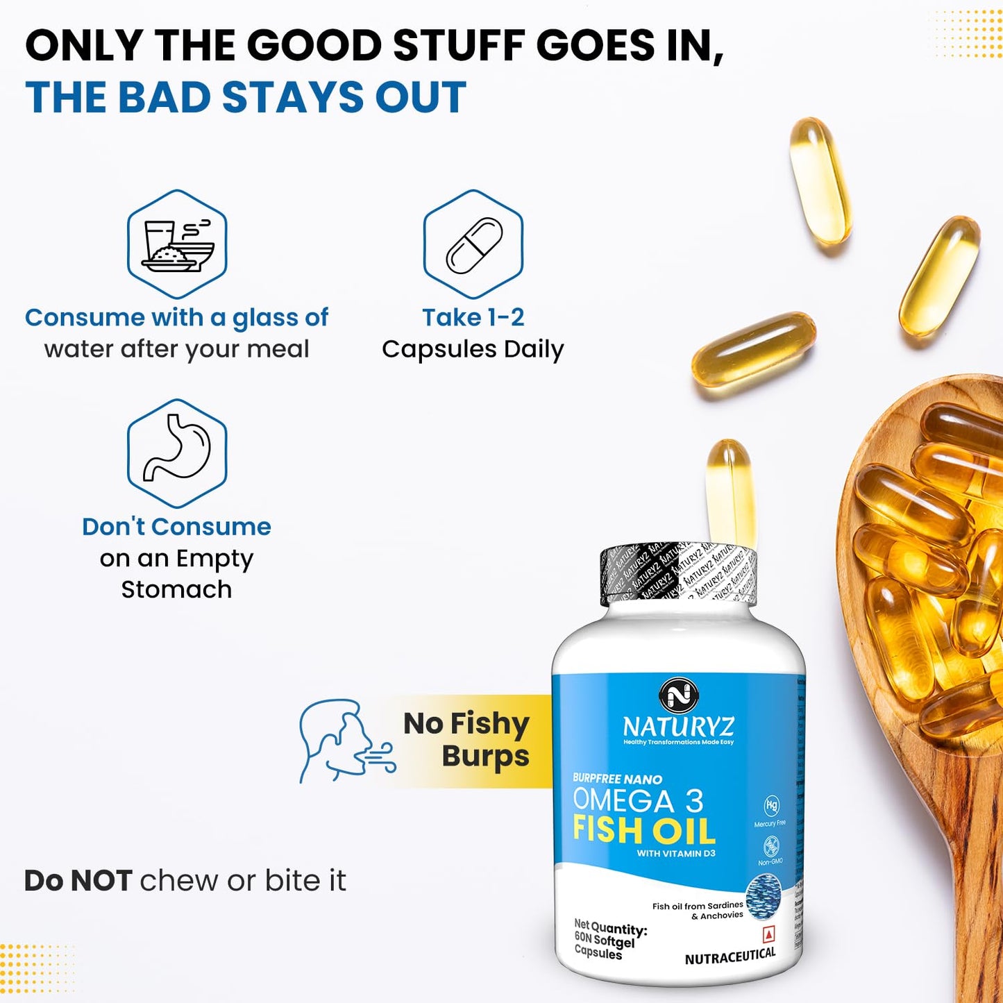 Naturyz Burpfree Omega 3 Fish Oil 2000 Mg With Vitamin D3,No Fishy Burps,Extracted From Sardines & Anchovies,Epa & Dha,Nano Emulsion Capsules For Faster Absorption-60 Softgels